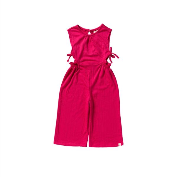 Felroze mouwloze jumpsuit voor meisjes met strikdetails aan de zijkant en wijde pijpen