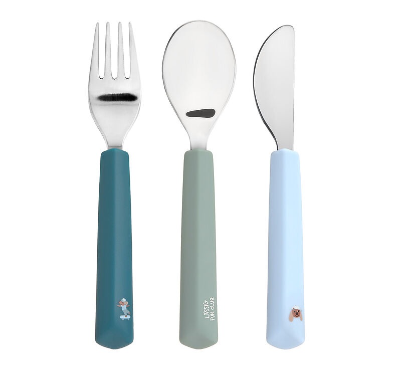 Kinderbestek set van drie met vork, lepel en mes met gekleurde handvatten in blauw en groen tinten