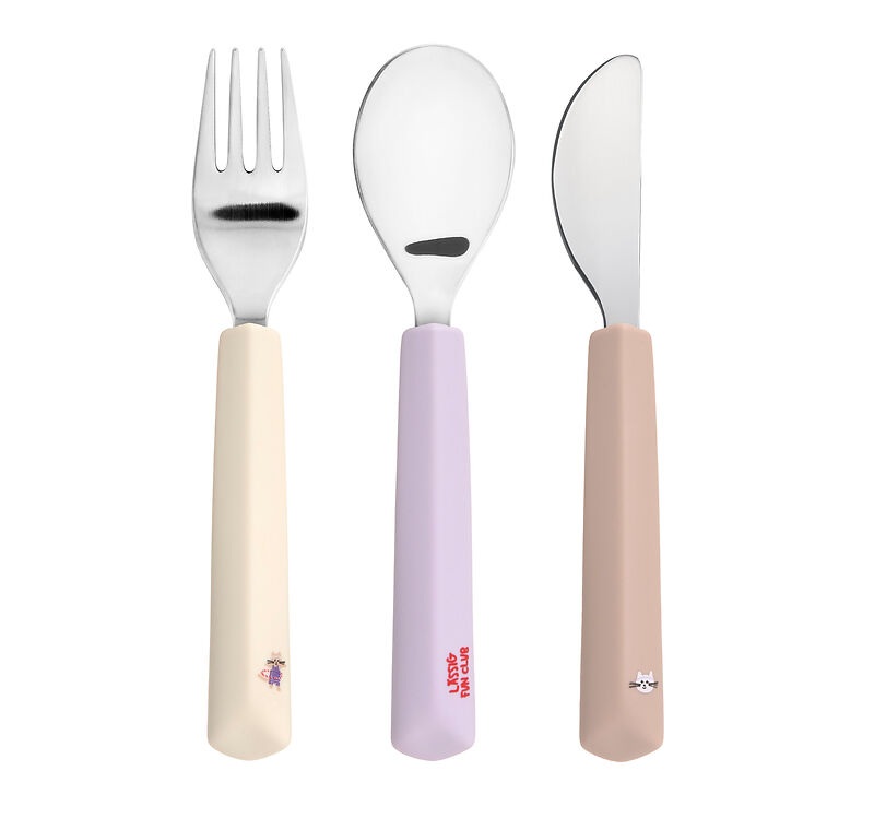 Kinderbestek set van drie delen met vork, lepel en mes in pastelkleuren met vrolijke figuurtjes