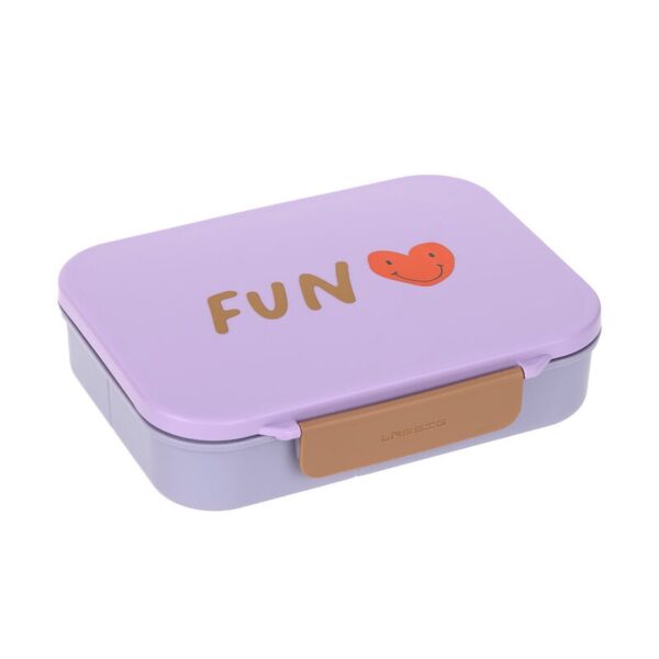 Paarse Lassig lunchbox met FUN opschrift en oranje hartje, voorzien van beige sluiting