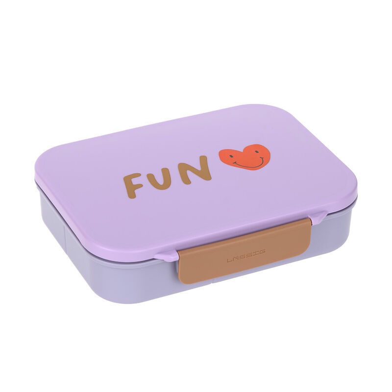 Paarse Lassig lunchbox met FUN opschrift en oranje hartje, voorzien van beige sluiting