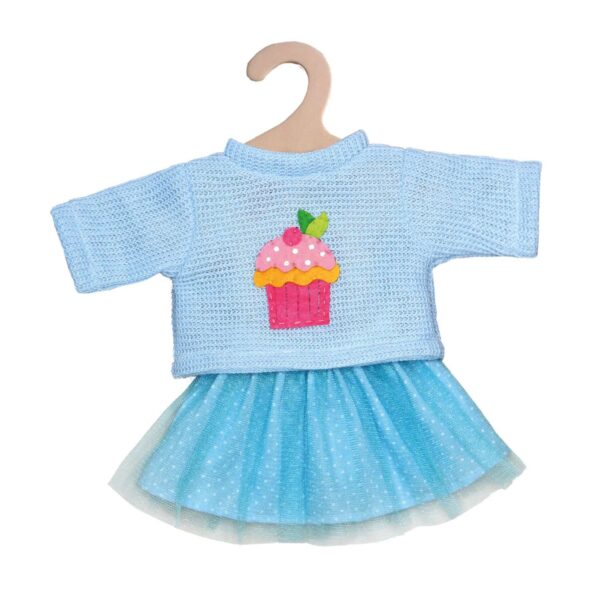 Poppenkleertjes met lichtblauw shirt met cupcake applicatie en turquoise tutu rok op houten hanger