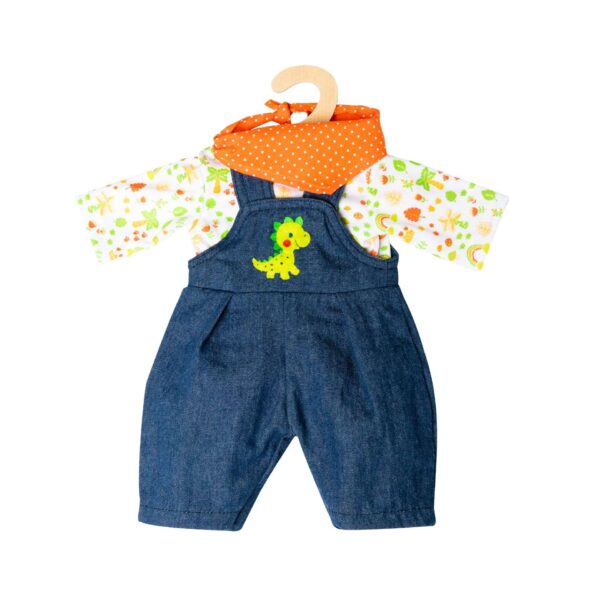 Babypopkleding met spijkertuinbroek, shirt met dinoprint en oranje bandana op houten hanger