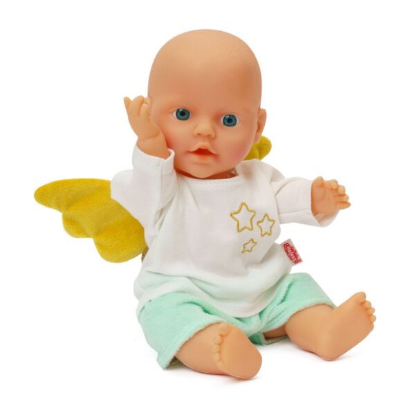 Babypop met gele vleugels en wit shirt met gouden sterren en mintgroene broek