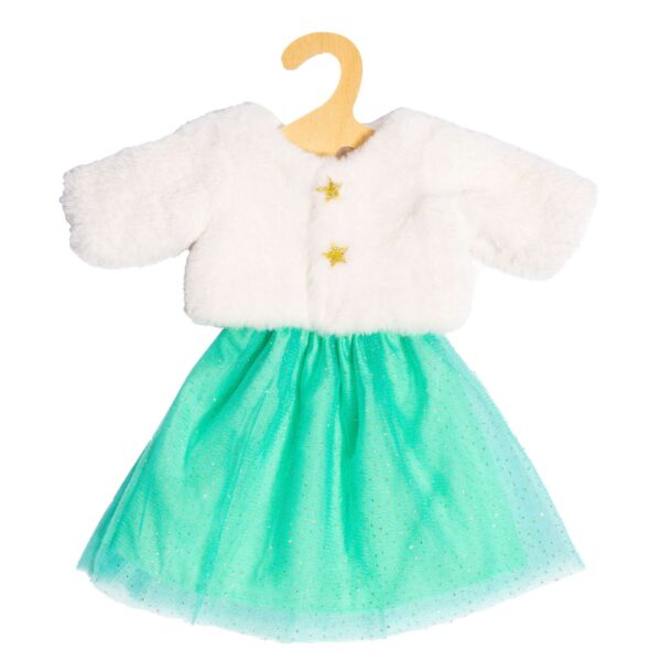 Poppenkleding met wit pluche jasje en mintgroene glitterrok op houten kleerhanger