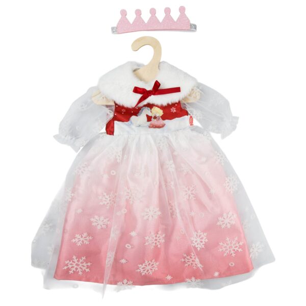 Roze prinsessenjurk met sneeuwvlokken, witte bontrand en glittertiaraatje aan kleerhanger voor poppen