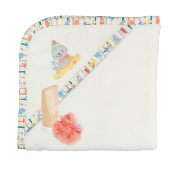 Witte katoenen baby badcape met gekleurde boord, zeehond applicatie en badaccessoires