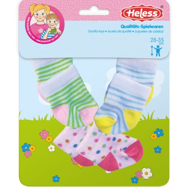 Drie kleurrijke poppensokjes met strepen en bloemetjes van Heless voor poppen 28-35 cm