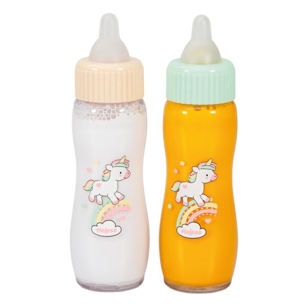 Twee speelgoed babyflesjes met eenhoorn print, een roze en een gele fles met speen