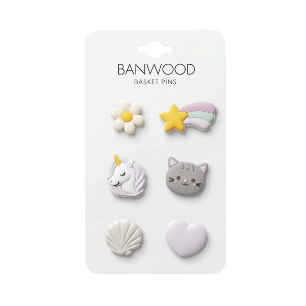 Banwood mand pinnen set met bloem, ster, eenhoorn, kat, schelp en hart in pastelkleuren