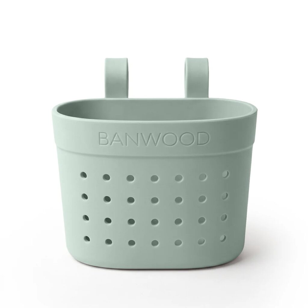 Mintgroen fietsmandje van Banwood met ophangbeugels en geperforeerde zijkant voor kinderfiets