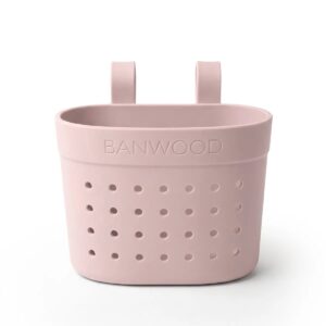 Roze Banwood fietsmand met ophangbeugels en geperforeerde zijkanten voor kinderfiets