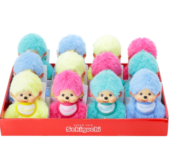 Twaalf Sekiguchi knuffels met gekleurd pluche haar in geel, roze, turquoise en blauw in displaydoos