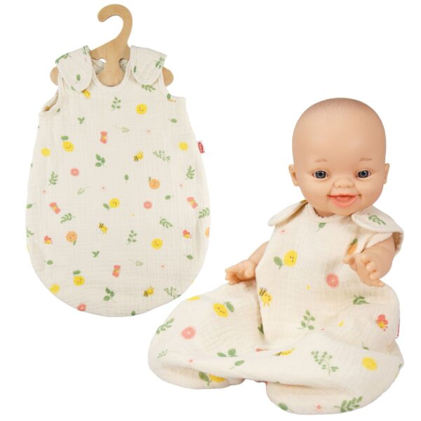 Heless muslin poppenslaapzak "Cheeky Fruits" met vrolijke fruitprint, 100% biologisch katoen, maat 35-45 cm